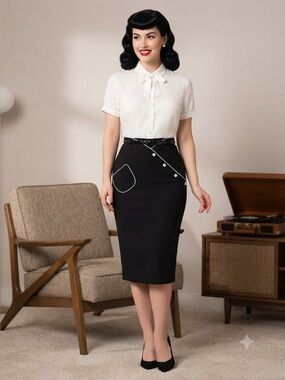 Bettie Page Las Vegas Retro High-Waisted Black Pencil Skirt - Rockabilly size M